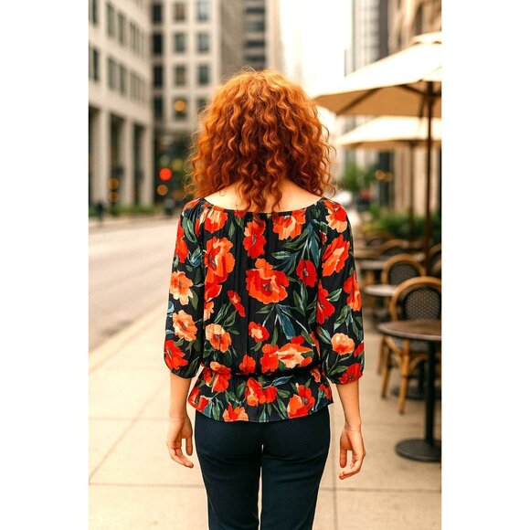 Abercrombie Fitch Large Floral Peasant Sheer Boho Blouse Ruffle Hem Tie Neck - Picture 4 of 11